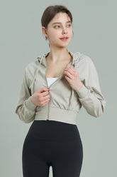 EcoTech Premium Cropped Zip-Up Hoodie - Linen Beige