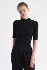 Ribbed Mock-Neck Short-Sleeve Top - Black
