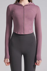 Soft Round Crop Zip-Up Hoodie - Plum Purple