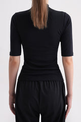 Ribbed Mock-Neck Short-Sleeve Top - Black