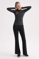 Ribbed Mock-Neck Long-Sleeve Top - Charcoal