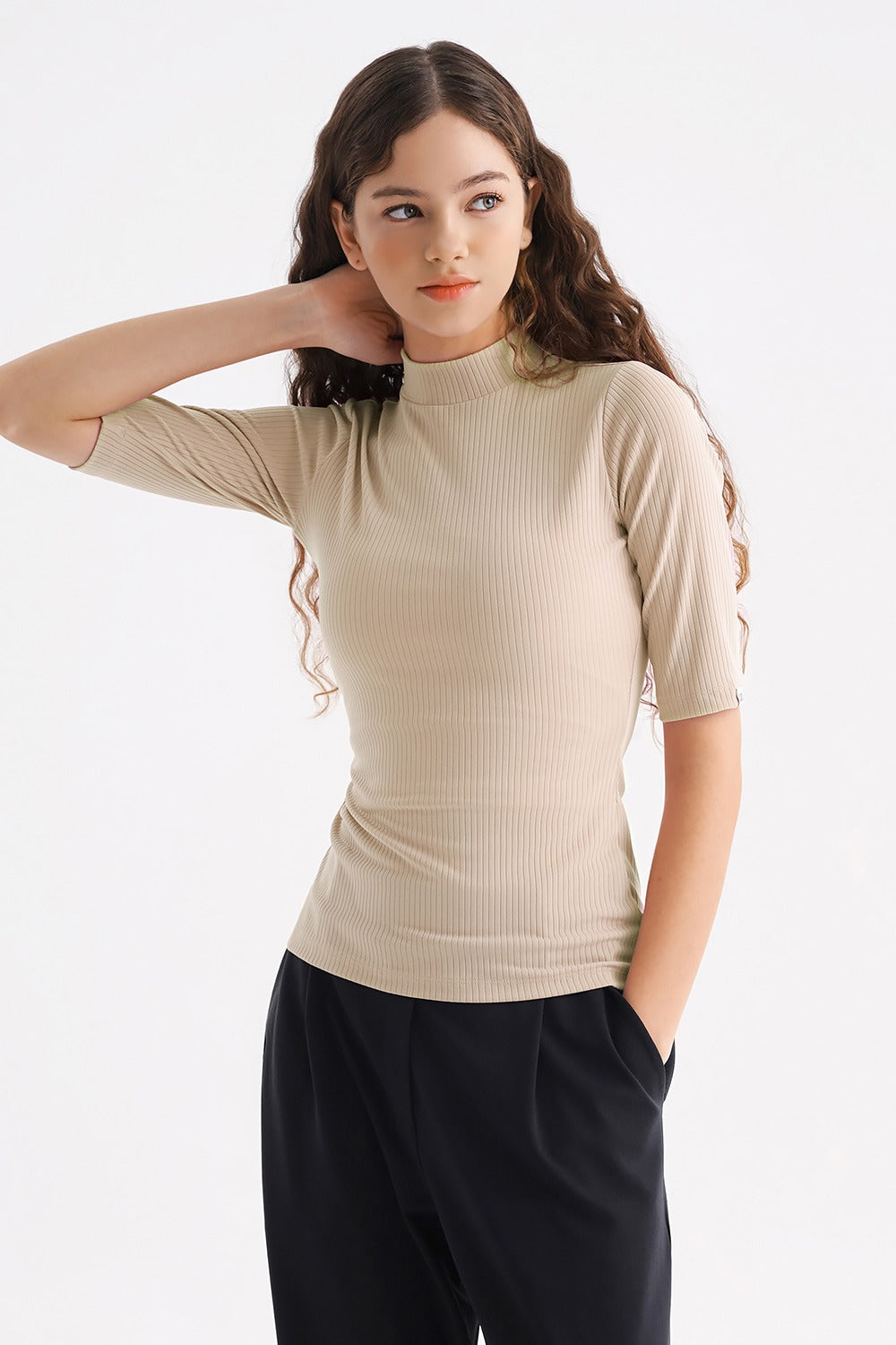 Ribbed Mock-Neck Short-Sleeve Top - Beige