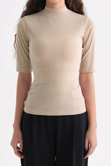 Ribbed Mock-Neck Short-Sleeve Top - Black