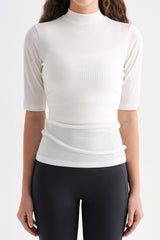 Ribbed Mock-Neck Short-Sleeve Top - Black